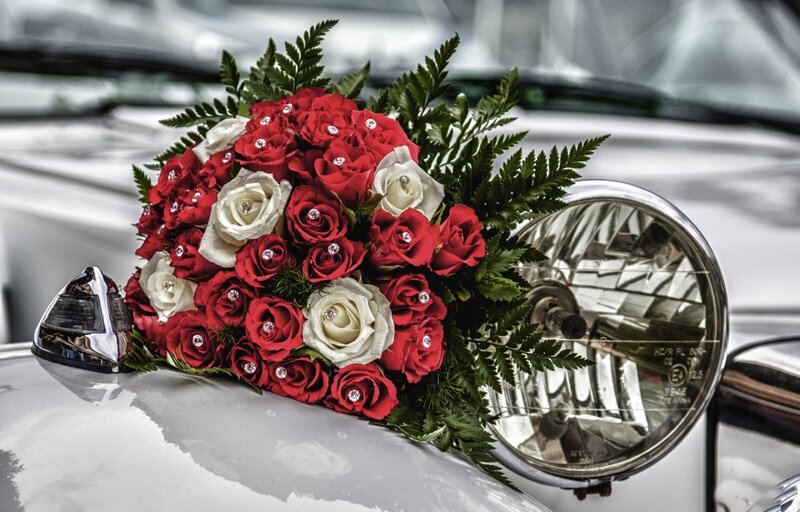 Wedding Bouquet on Car