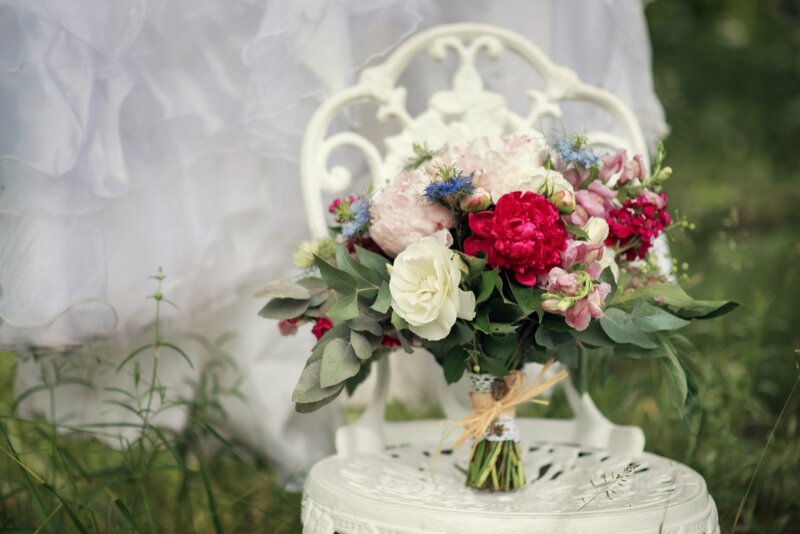 Wedding Bouquet on Chair — White, Serene