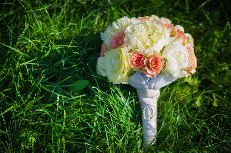 Wedding Bouquet on Grass — Green, Serene, Afternoon