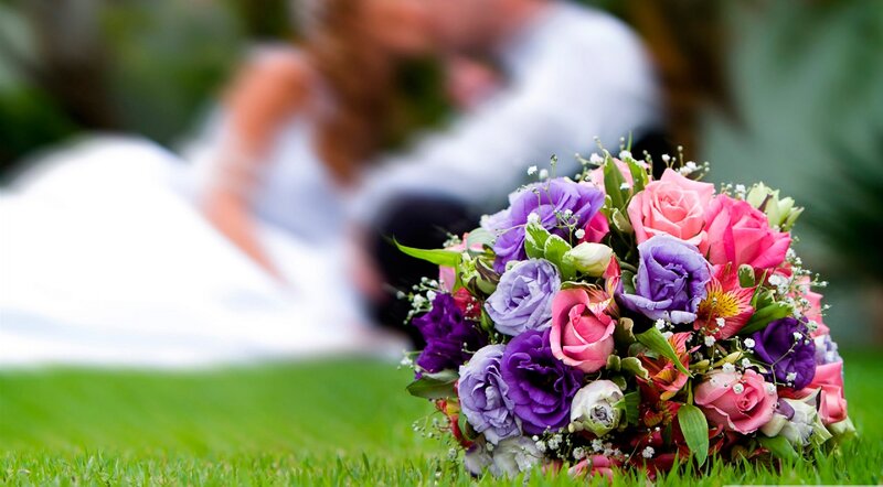 Wedding Bouquet on Grass — Purple, Romantic, Afternoon, Photograph