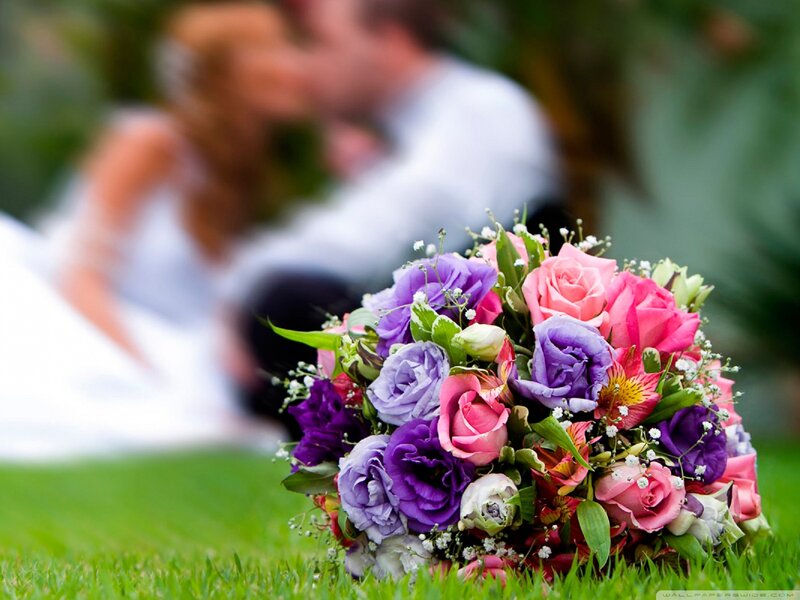 Wedding Bouquet on Grass — Purple, Romantic, Afternoon