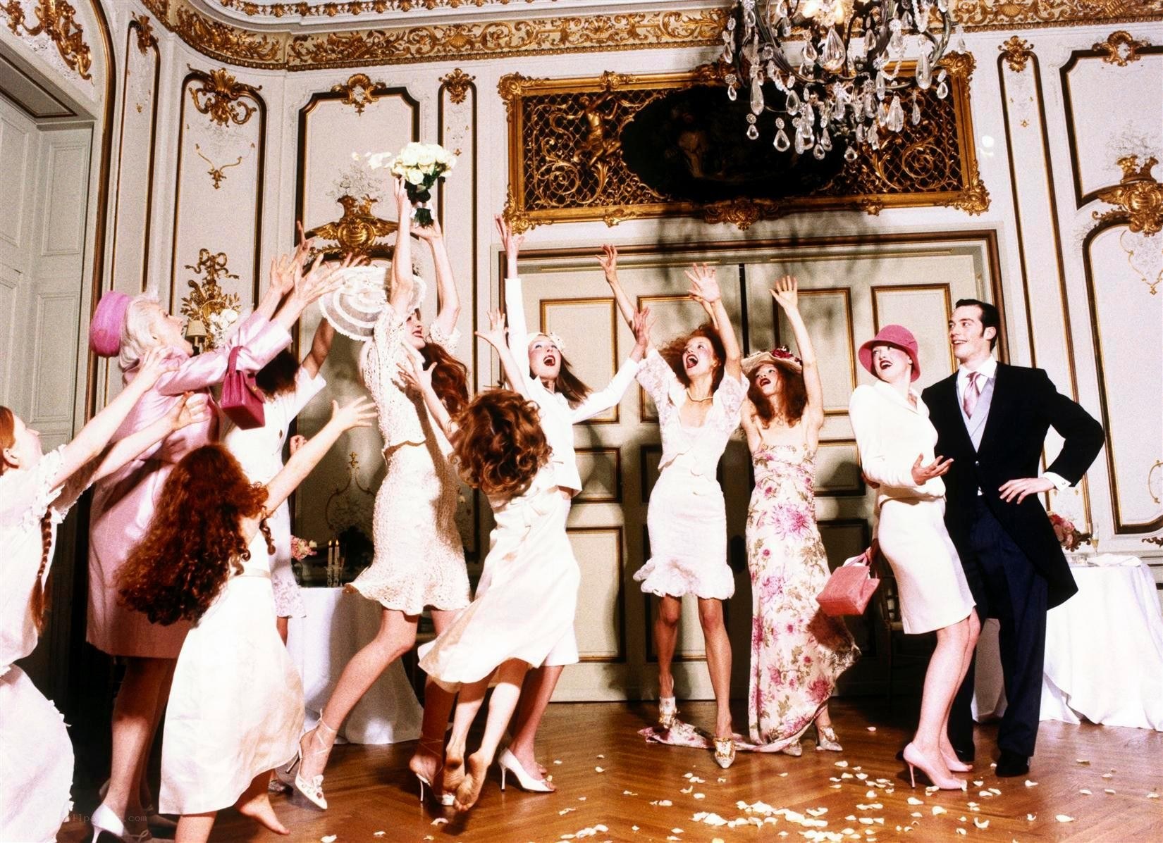 Wedding bouquet toss celebration