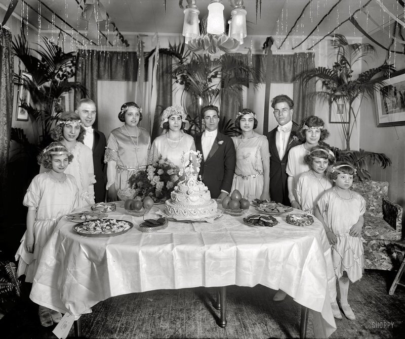 Wedding party with cake