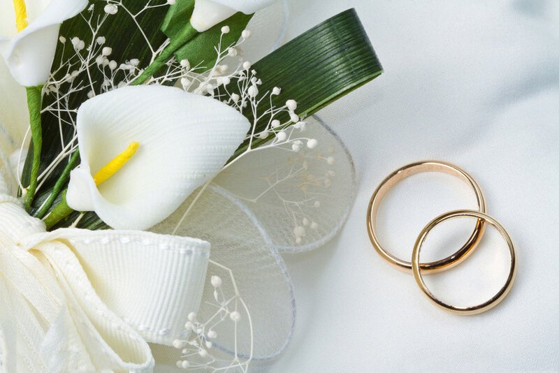 Wedding Rings and Flowers — White, Serene, Photograph, Calla Lilies