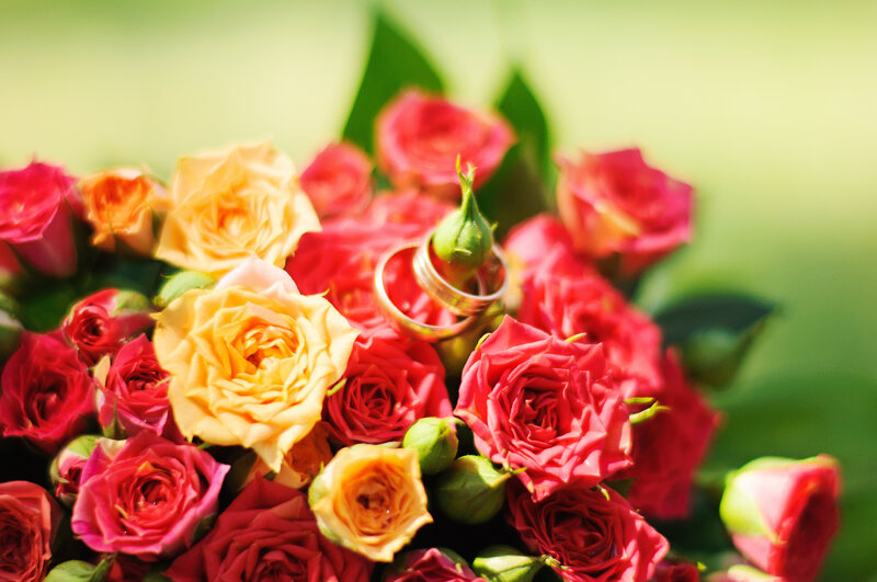 Wedding Rings in Rose Bouquet