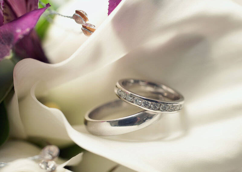 Wedding Rings on Flower — White, Serene, Photograph