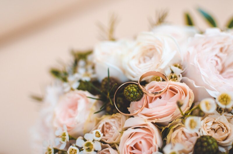 Wedding Rings on Flowers — Pink, Romantic