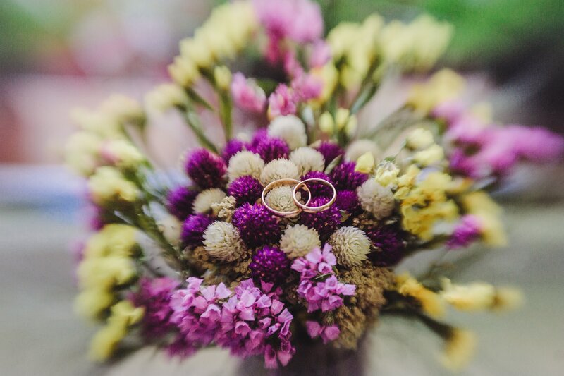 Wedding Rings on Flowers — Purple, Romantic