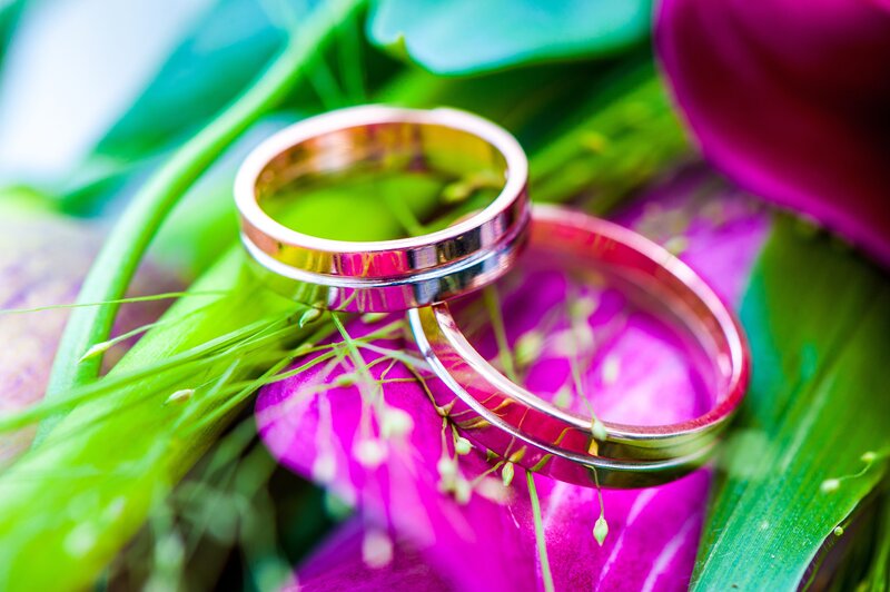 wedding rings on flowers