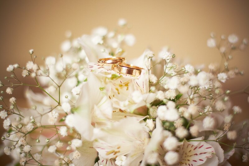 Wedding Rings on Flowers — White, Romantic, Photograph, Baby's Breath