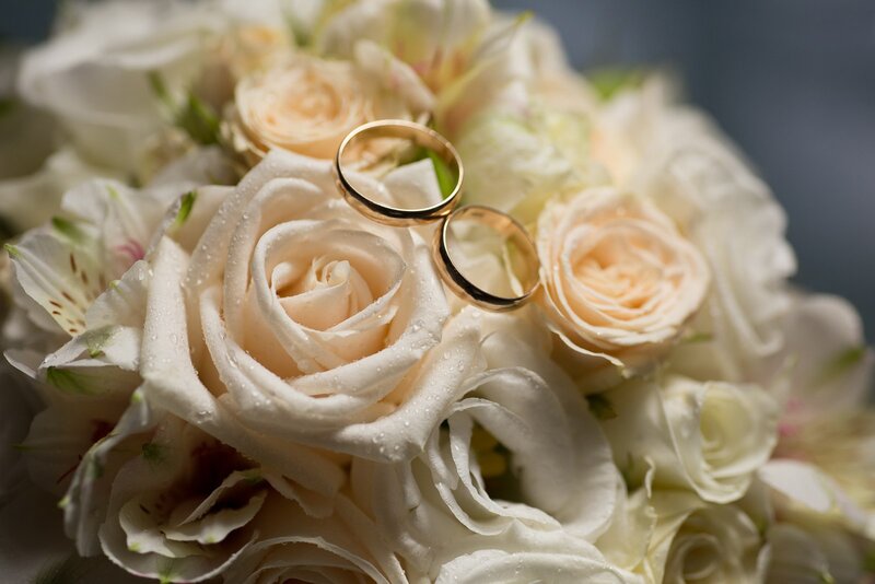 Wedding Rings on Flowers — White, Romantic, Photograph