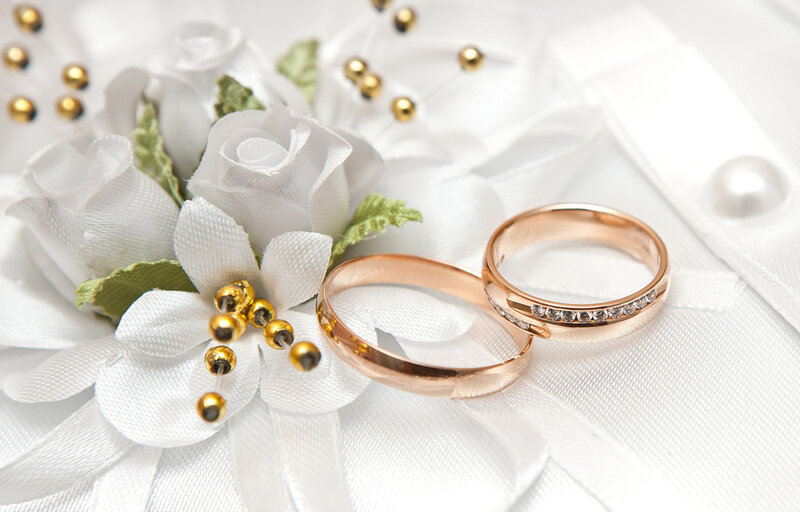 Wedding Rings on Flowers — White, Serene, Photograph, Gold Beads