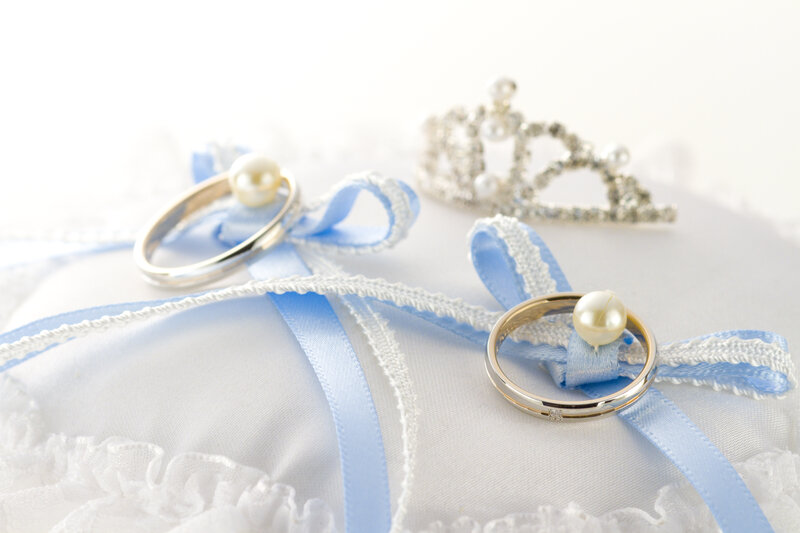 Wedding Rings on Pillow — White, Serene, Photograph