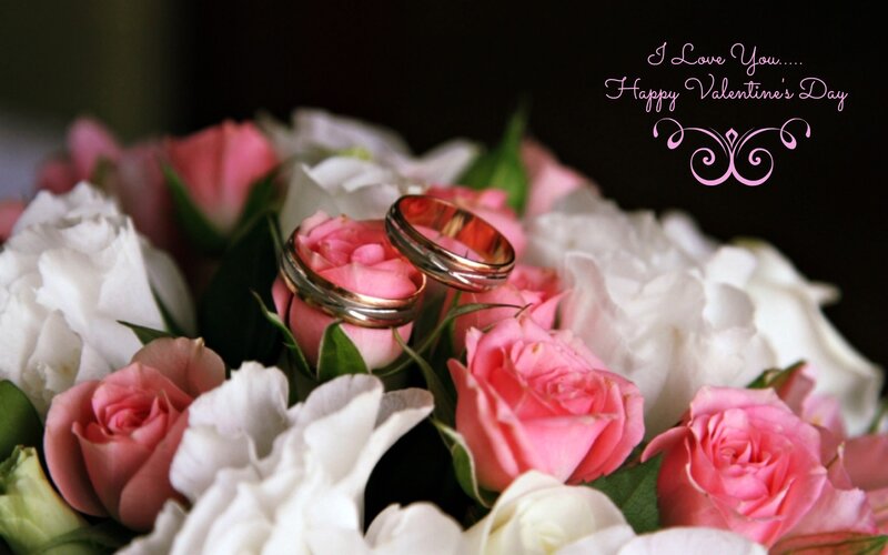 Wedding Rings on Roses — Pink, Romantic, Photograph