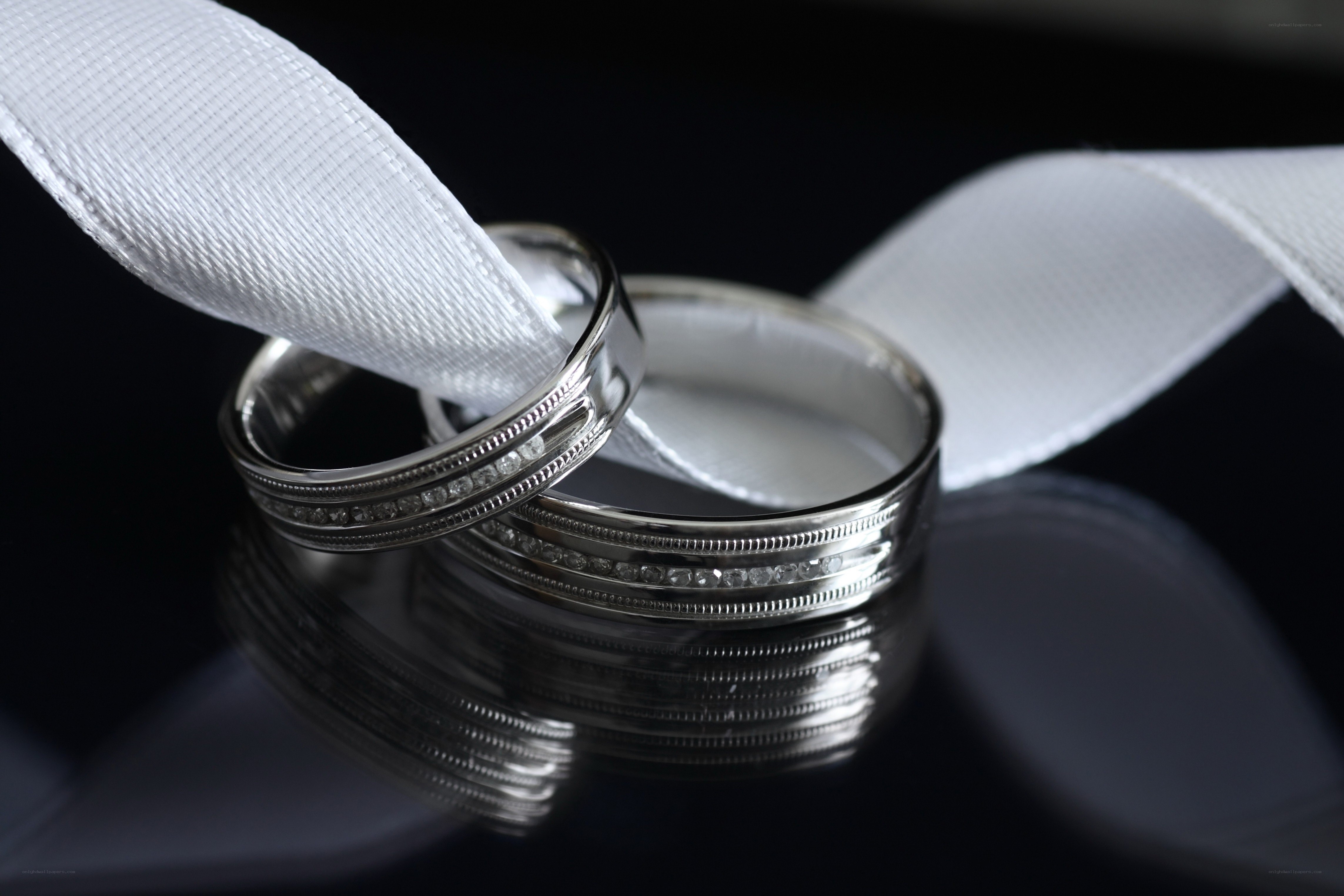wedding rings with white ribbon