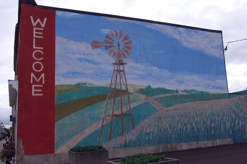 Welcome mural with windmill