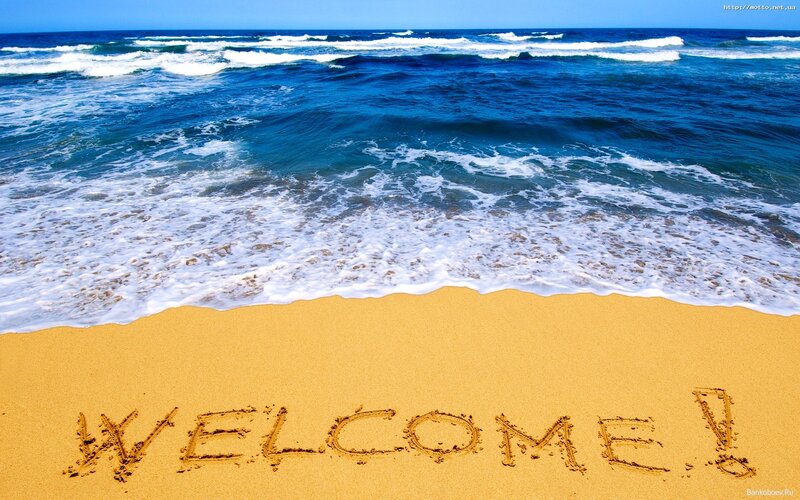 Welcome Written in Sand — Blue, Serene, Afternoon, Photograph, Ocean, Waves, Yellow