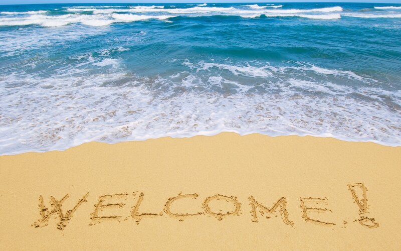 Welcome Written in Sand — Blue, Serene, Afternoon, Photograph