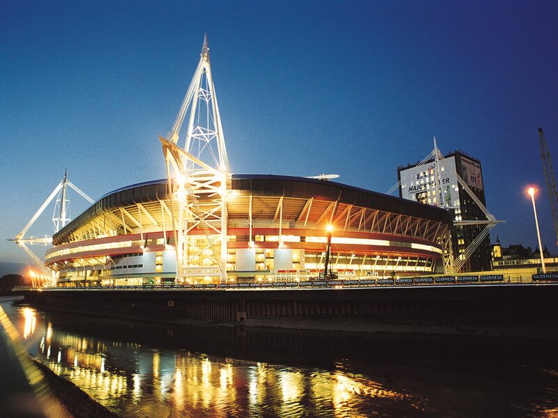 Wembley Stadium at dusk