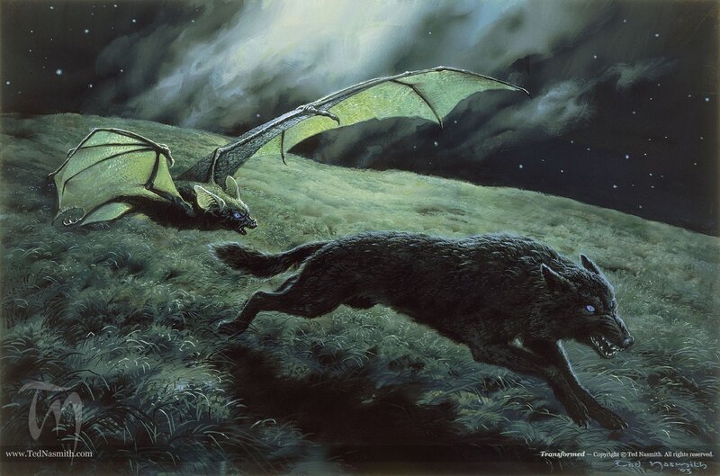 Werewolf and bat in night