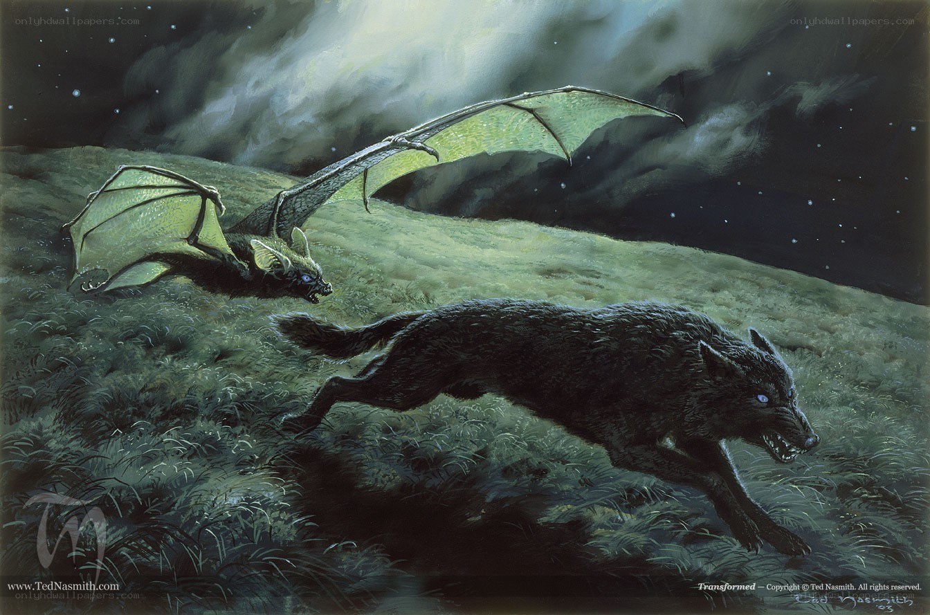 Werewolf and bat in night