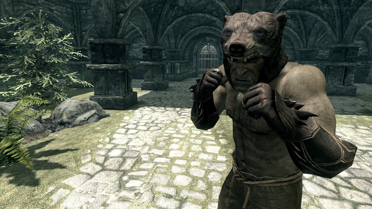 werewolf character in stone corridor