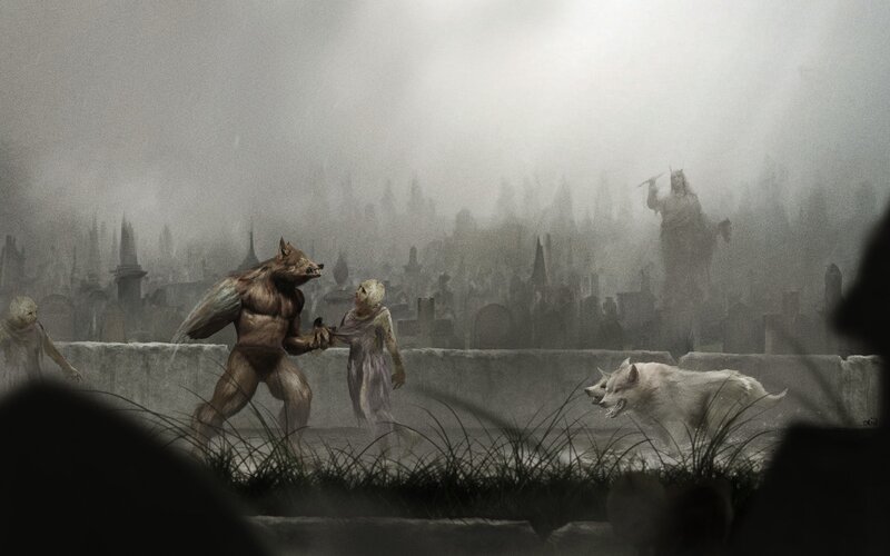 Werewolf in a foggy graveyard