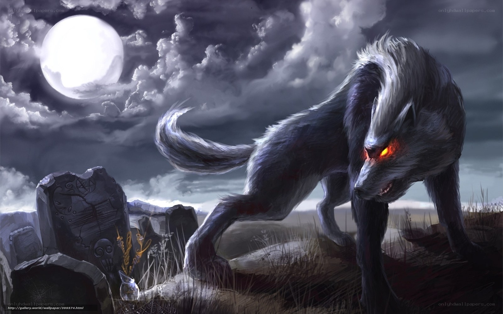 werewolf in moonlit graveyard