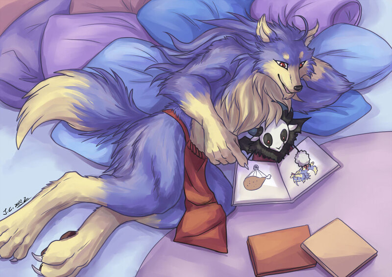 werewolf reading with a small creature