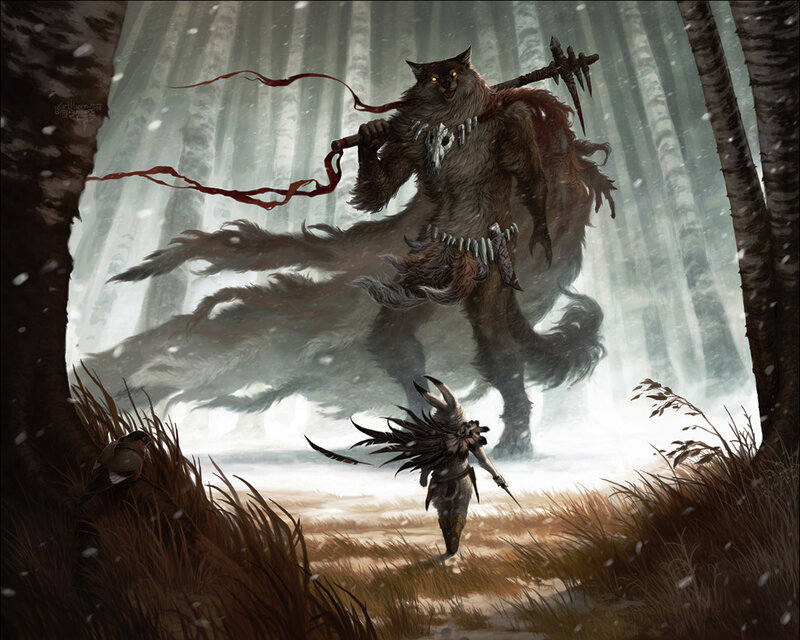 Werewolf warrior in snowy forest
