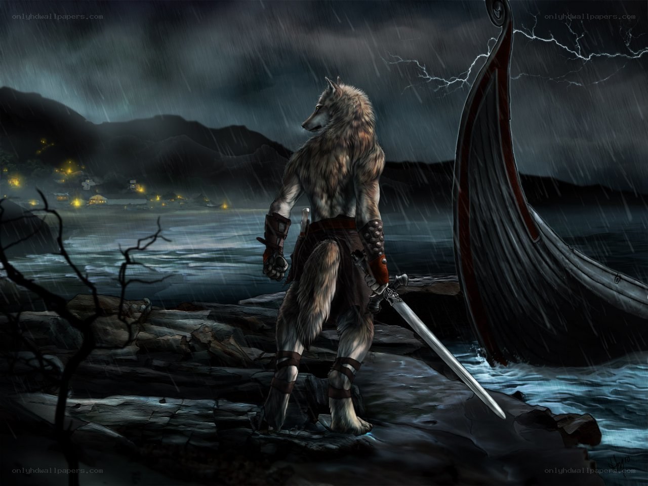 werewolf warrior on stormy shore