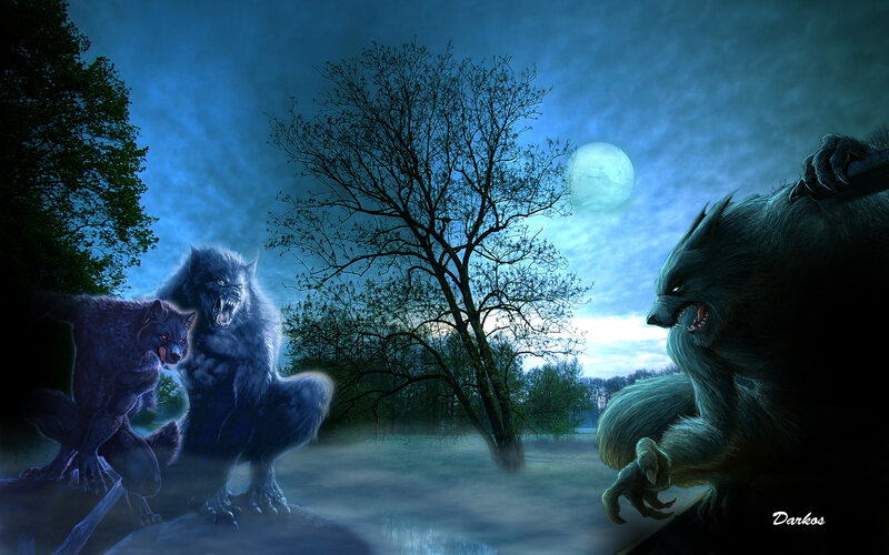 Werewolves in Forest — Blue, Dark, Night