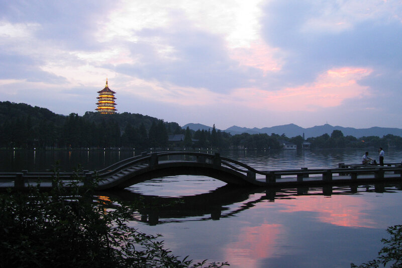 West Lake at dusk with pagoda