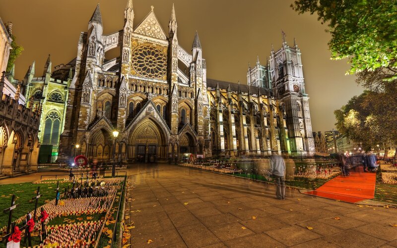 Westminster Abbey at Night — Brown, Dramatic, Photograph