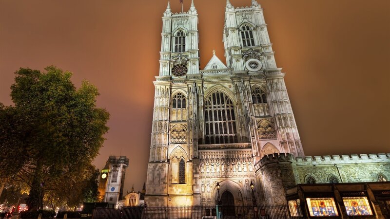 Westminster Abbey at Night — Orange, Dramatic, Photograph, Tree