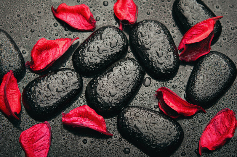 Wet Black Stones and Rose Petals