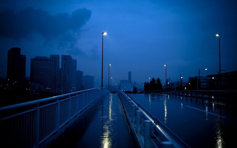 Wet Bridge at Night — Blue