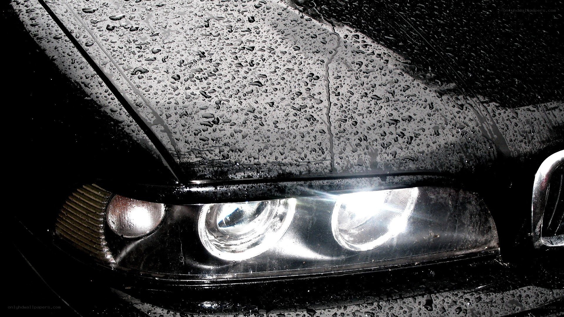 wet car headlight at night