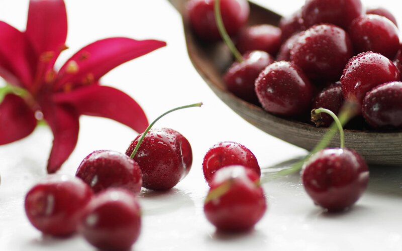 Wet Cherries and Lily