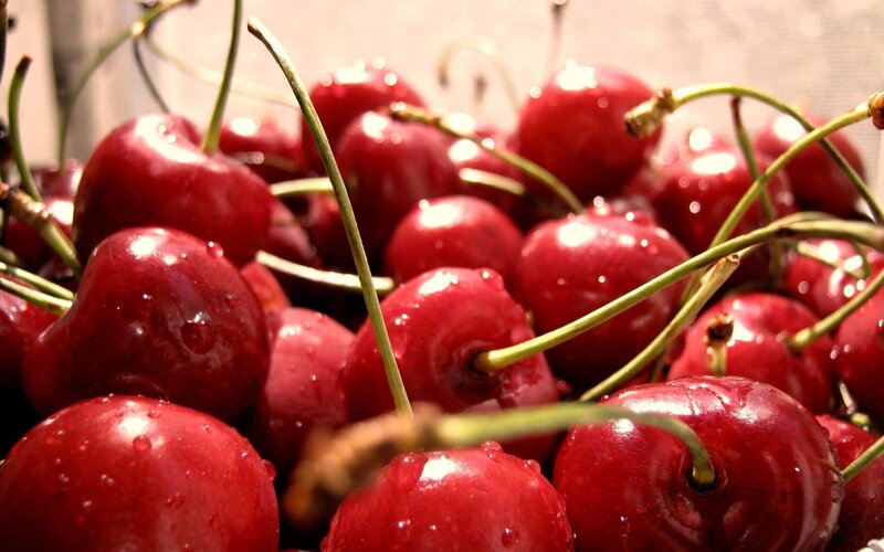 Wet Cherries in a Pile — Red, Fresh