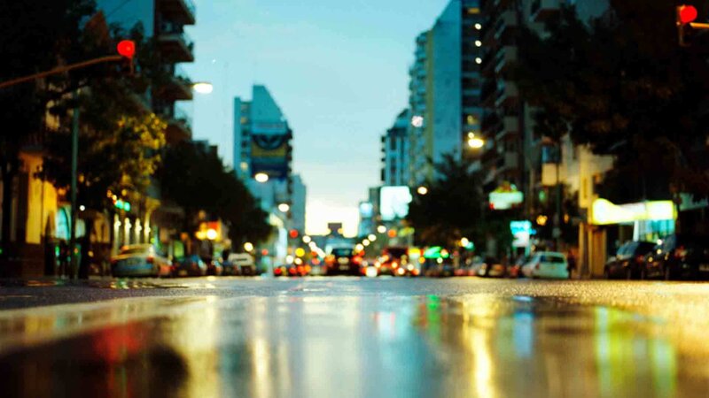 wet city street at dusk
