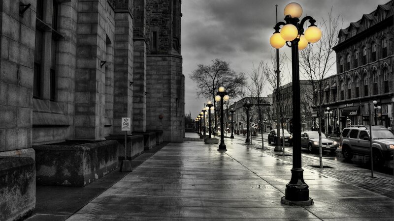 wet city street at dusk