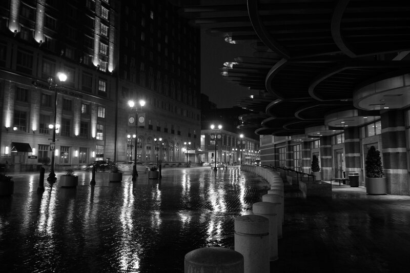 Wet City Street at Night — Black, Dramatic, Photograph, Buildings, Streetlights