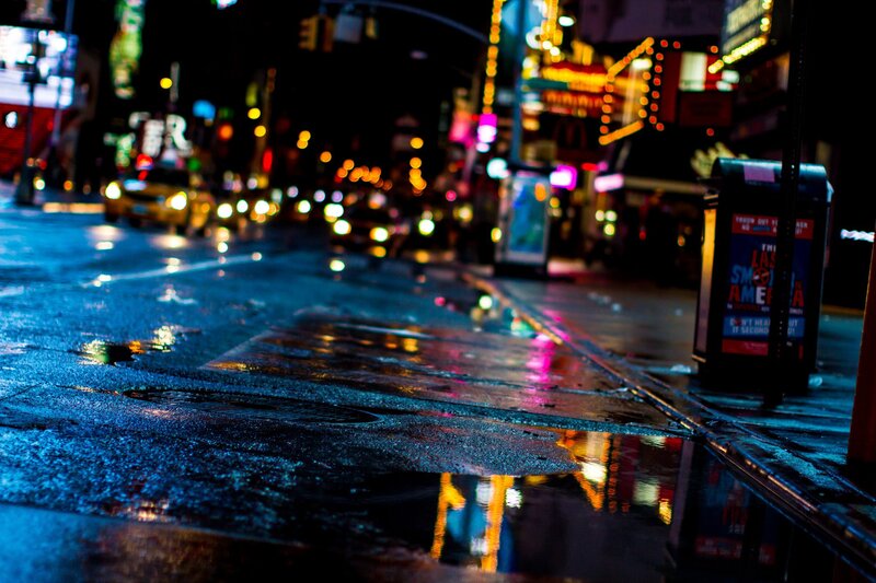 Wet City Street at Night — Blue, Dramatic, Photograph, Cars, Neon Signs