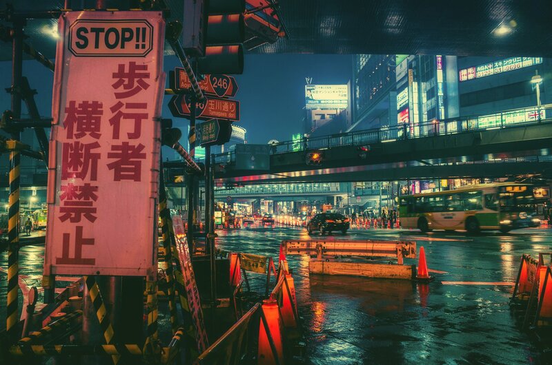 Wet City Street at Night — Blue, Dramatic, Photograph, Signs