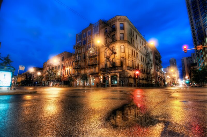 Wet City Street at Night — Blue, Dramatic