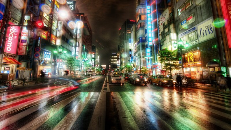 Wet City Street at Night — Green