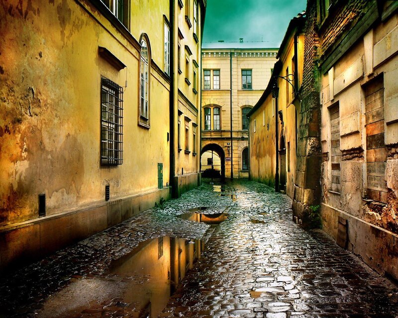 wet cobblestone alleyway