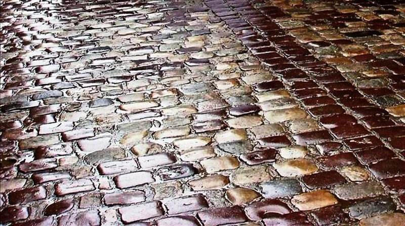 Wet Cobblestone Pavement — Brown