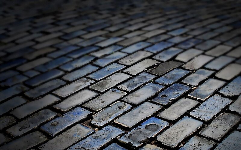Wet Cobblestone Pavement — Gray, Dramatic, Photograph, Cobblestones, Gravel, Black